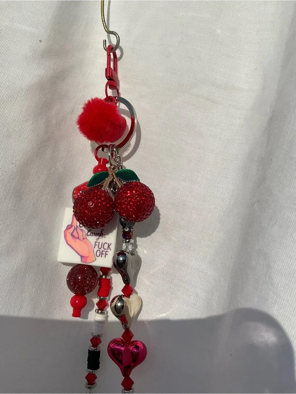 Beaded 'Boss B” Keychain with metal pave cherry charm and beaded key fob